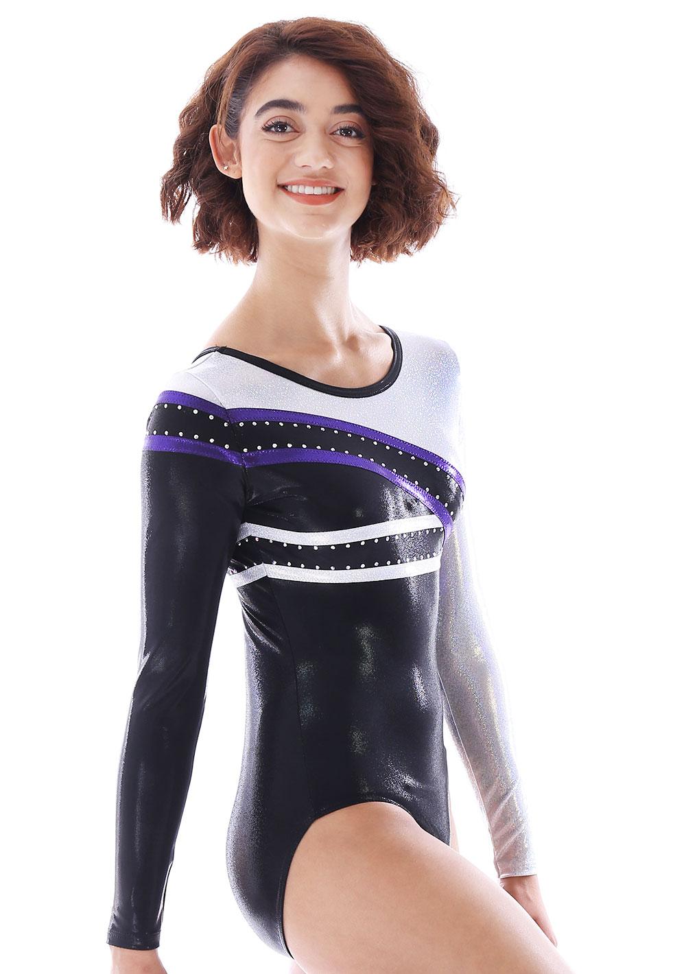 KENNEDY - K513: - Ladies Long sleeve leotard in Black and Silver with ...