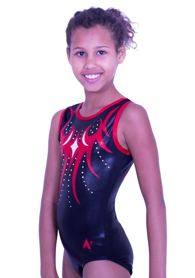 TAYLOR- Z262:- Sleeveless Girls Black and Red foil leotard - A Star ...